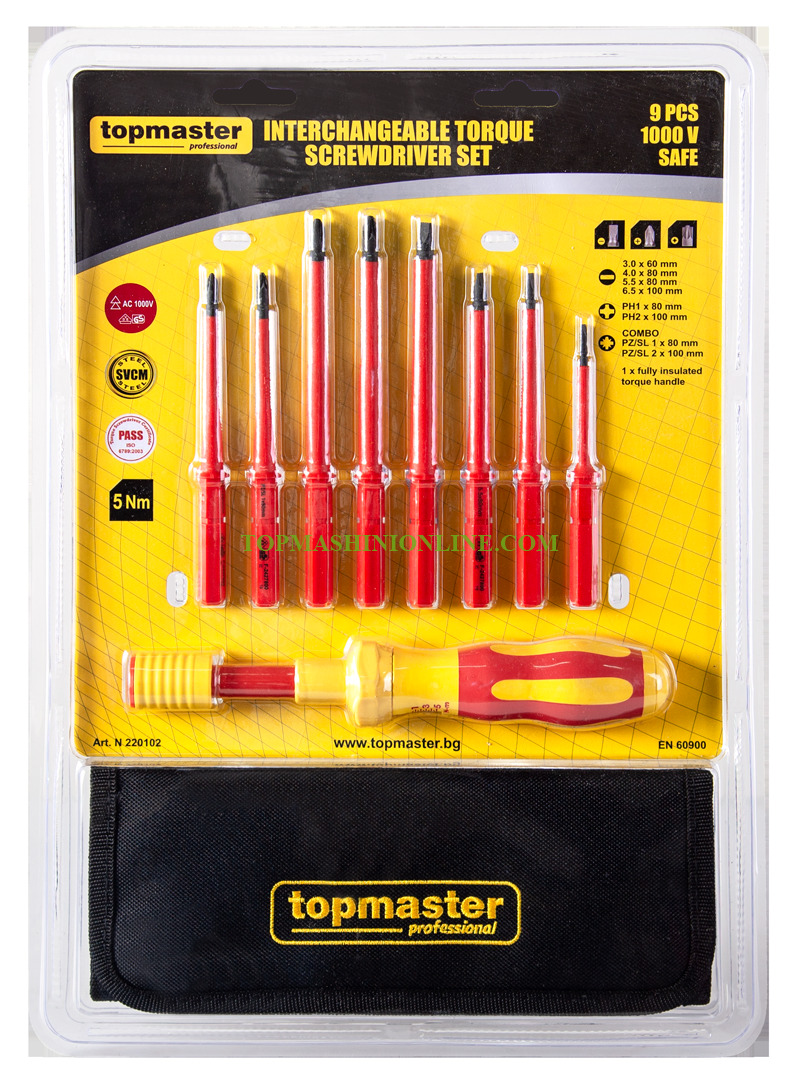 Комплект изолирана динамометрична отвертка с накрайници Topmaster 220102 1-5 Nm, 1000 V, 9 части image