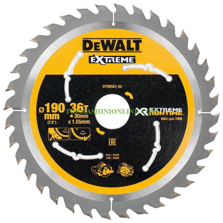 Метален HM циркулярен диск за рязане на дърво DeWALT Extreme DT99563 с диаметър Ø 190 х 30 х 1.55 мм, z 36 image